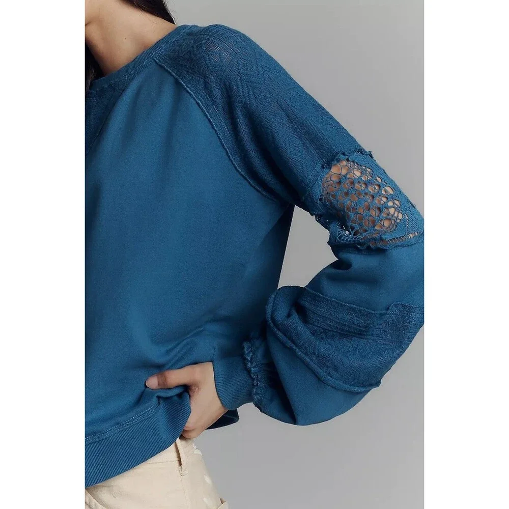 By Anthropologie Lace Balloon-Sleeve Blouse Top Pullover Cotton Blue XS 279962